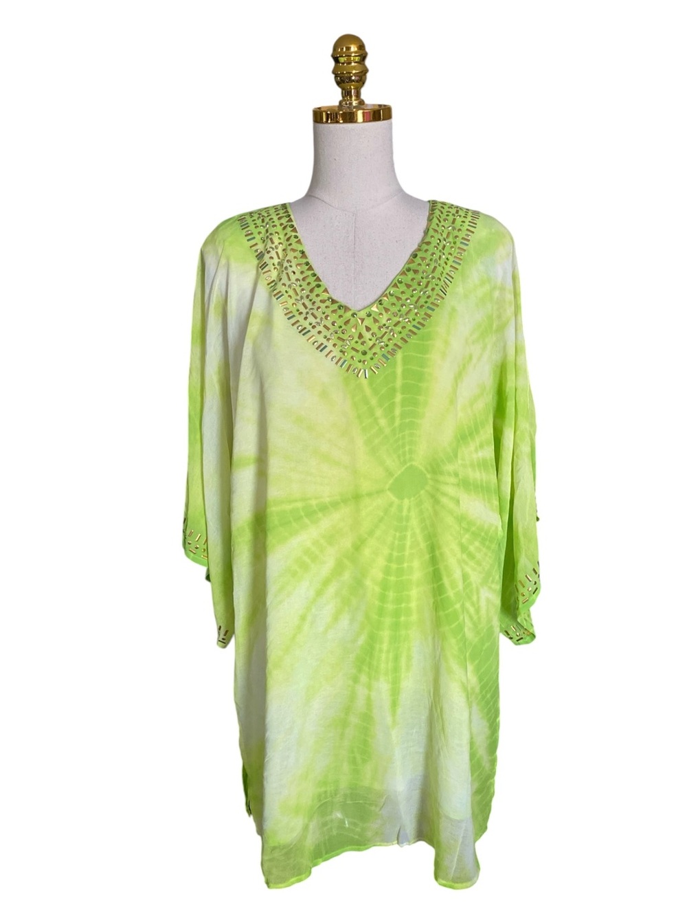 Diane Gilman Lime Green Tie-Dye Beaded V-Neck Kaftan Beach Resort Vacation Top M - Picture 4 of 14